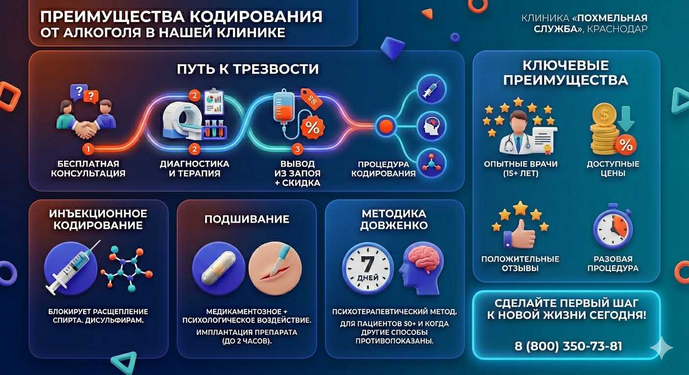 Инфографика о методах кодирования от алкоголя в Красном Яре: инъекции, подшивание, метод Довженко. Преимущества клиники и этапы лечения.