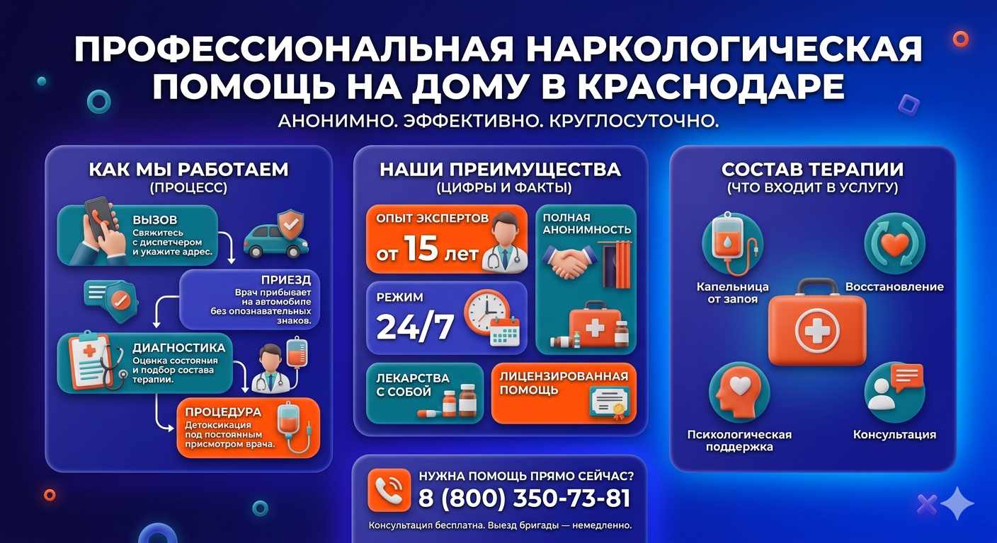 Инфографика о принципах лечения алкоголизма на дому в Красном Яре: этапы вызова нарколога, преимущества анонимной детоксикации и состав медицинской помощи.